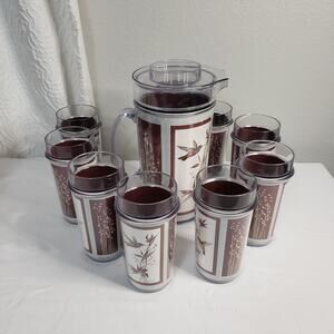 Vintage Thermo Serve Pitcher And Cup Set Hummingbird Floral 9 Piece‎ Set 80s